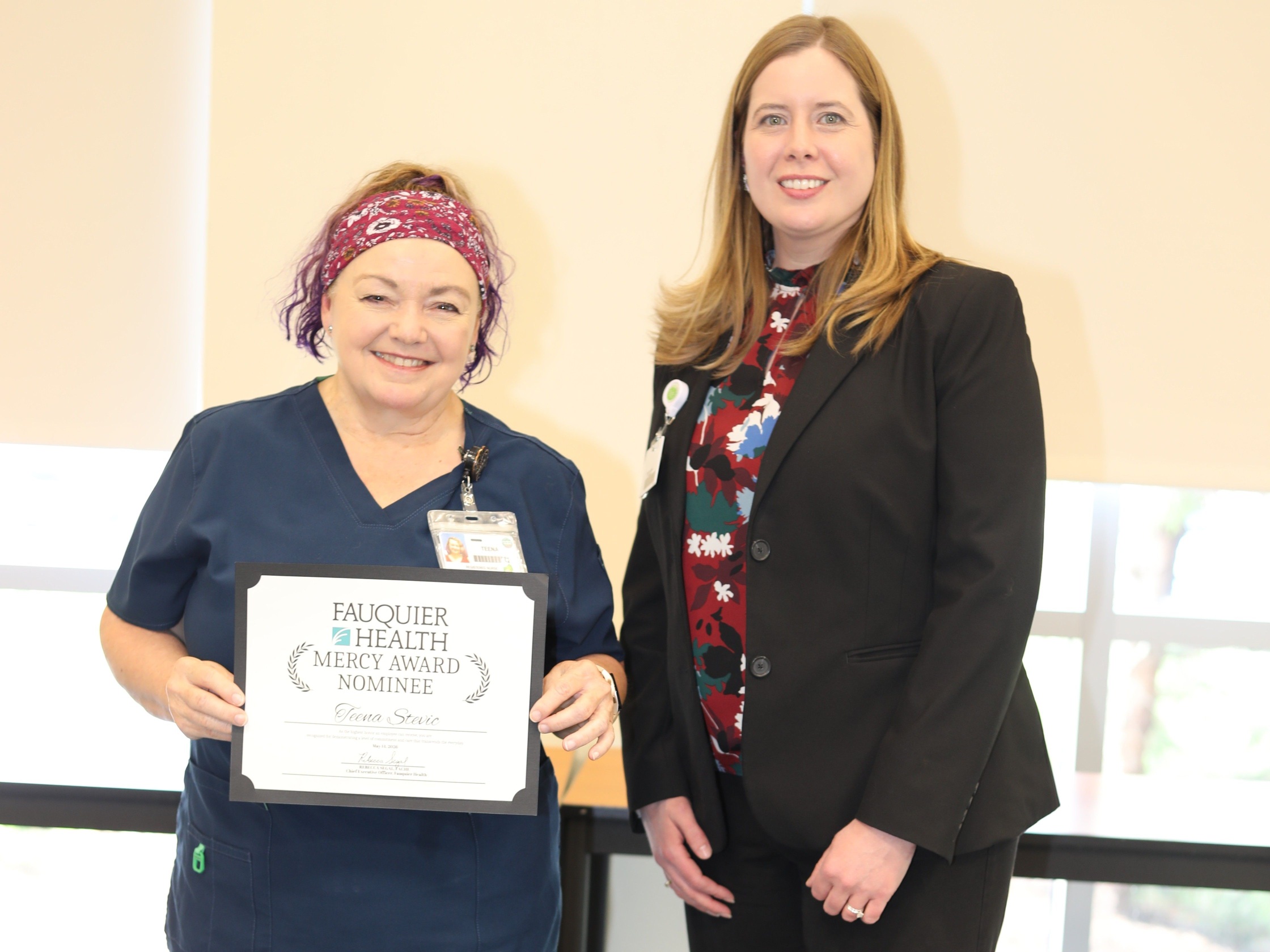 Teena Stevic (left) and Rebecca Segal (right). Stevic is the Fauquier Health 2026 Mercy Award Winner.